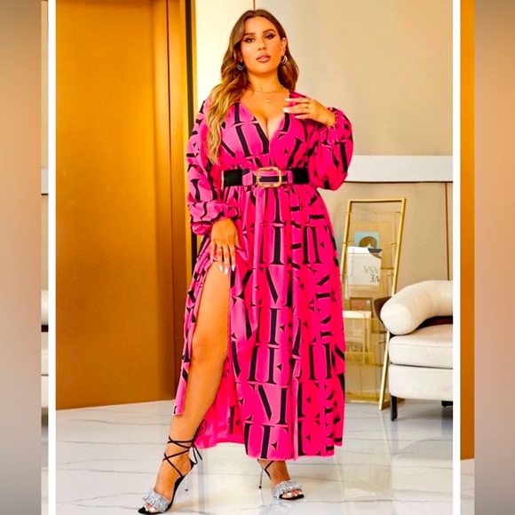 Letter Print Split Thigh Belted, Elegant V Neck High Waist Pleated Maxi Dress - Picture 2 of 11